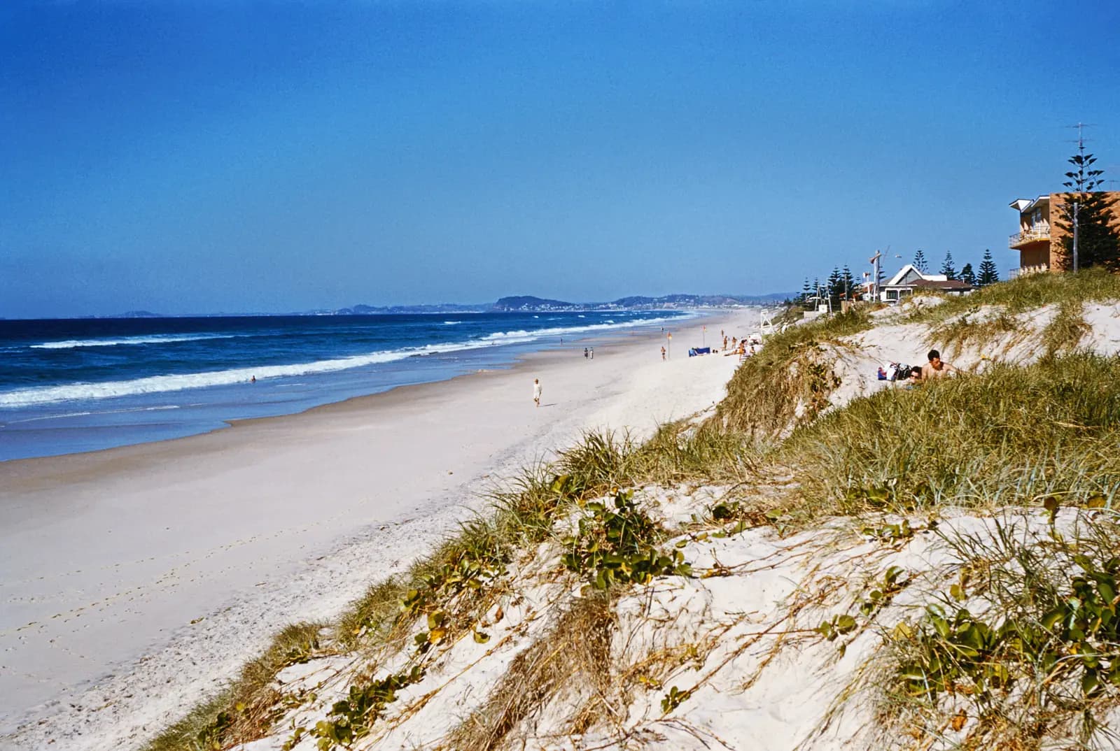 Looking along Surfers Paradise Beach, with the high-rise skyline behind the sand.